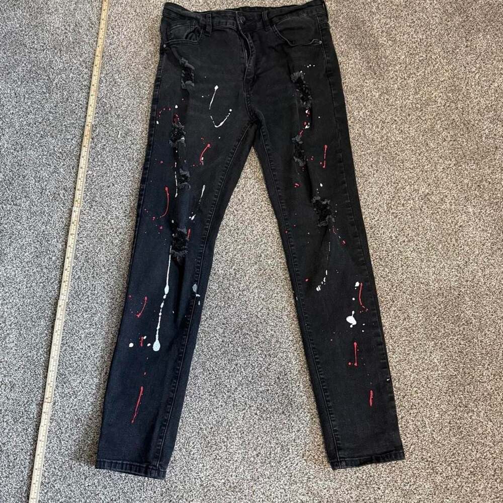 Unbranded Black Distressed Paint Splatter Skinny Jeans Size 32